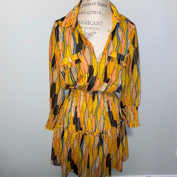 lovestitch Dresses & Skirts - EUC Lovestitch Midas Touch Metallic Sheer 70’s Long Sleeve Mini Dress Ruffles S